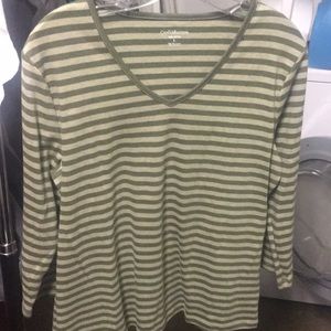 Pima cotton green L v neck striped long slv shirt